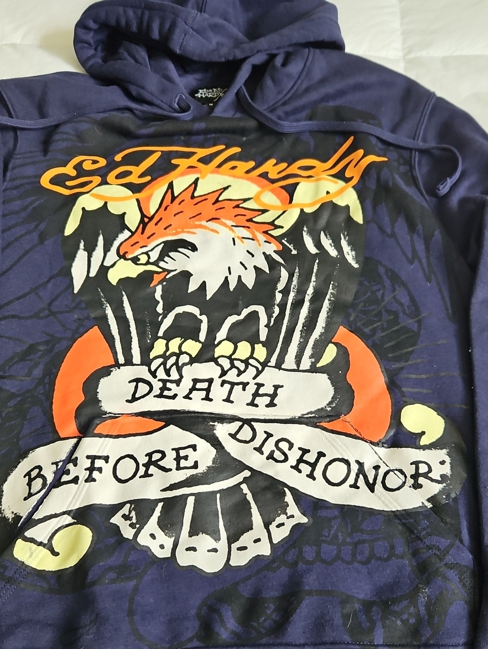 Ed Hardy Navy Hoodie with Orange & Yellow Graphic Eagle